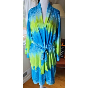 Natori Tahiti Robe Size L Floral Satin Kimono Belted Lounge Sleepwear Womens